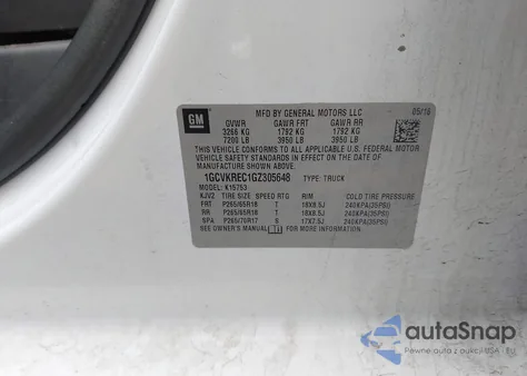 2016 Chevrolet Silverado 1500 2Lt из США, поврежденный, VIN 1GCVKREC1GZ305648